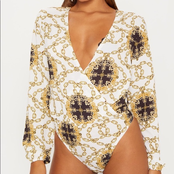 Pretty Little Thing White Chain Print Bodysuit - Picture 1 of 2